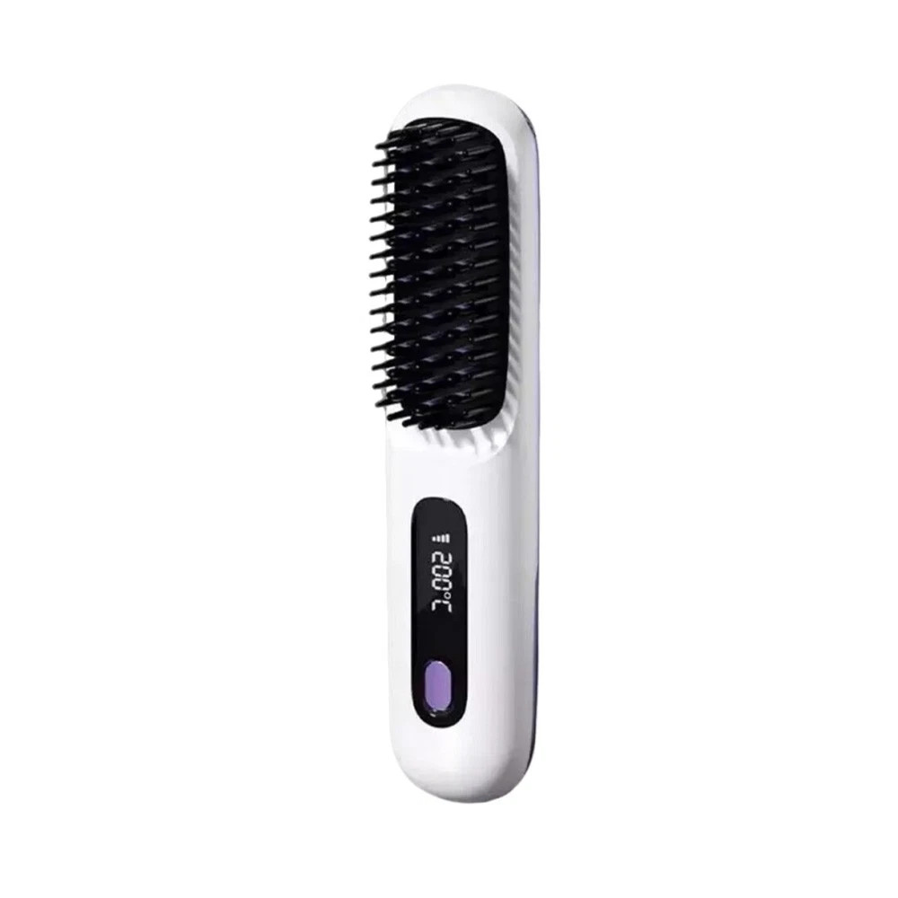 White Hair Straightener Brush Travel Mini Rechargeable Hair Styler Fast Heating - Image 2