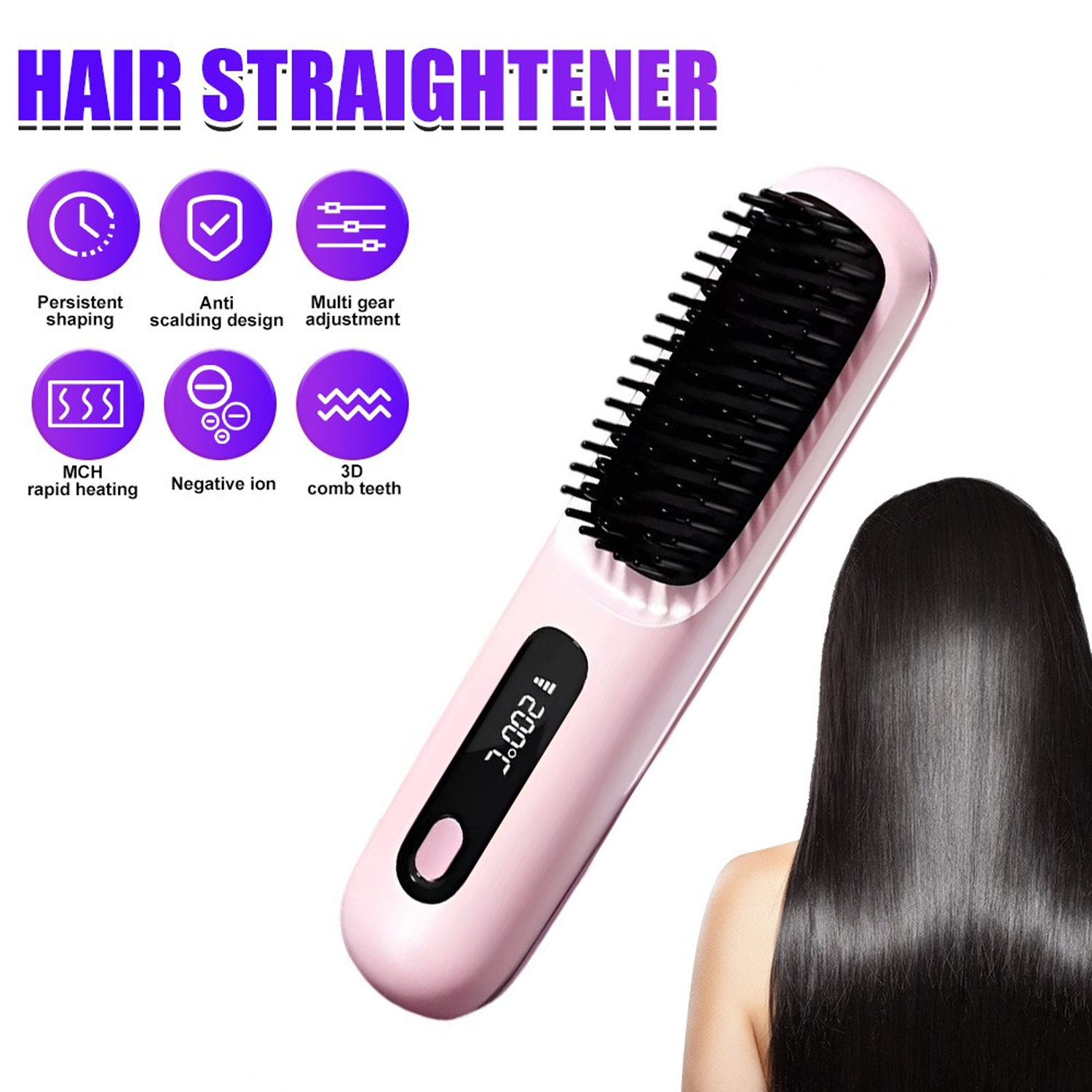 Pink Hair Straightener Brush Travel Mini Rechargeable Hair Styler Fast Heating - Image 1