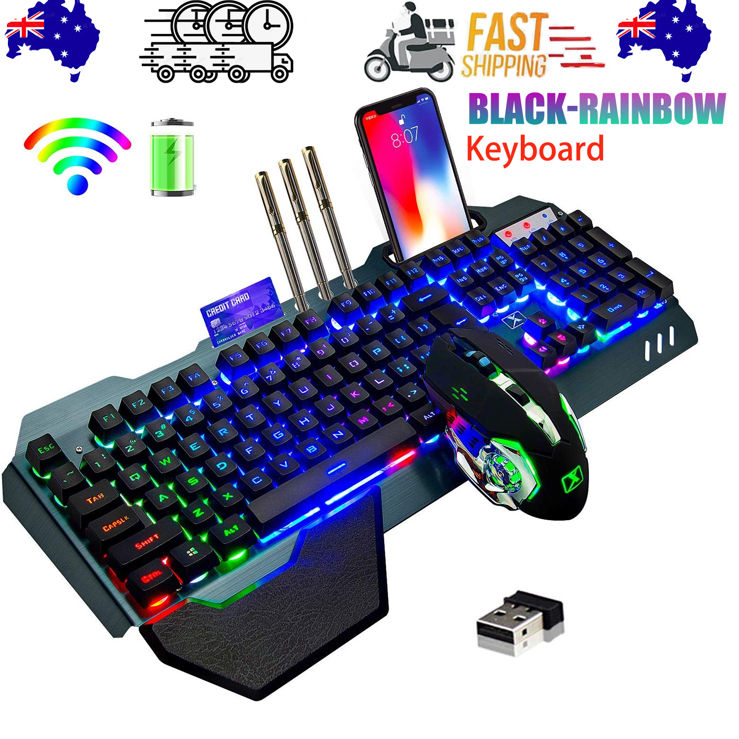 104 Keys Wireless Gaming Keyboard Mouse Set+Mouse Pad, RGB LED Backlit PC/Laptop Black-Rainbow - Image 1