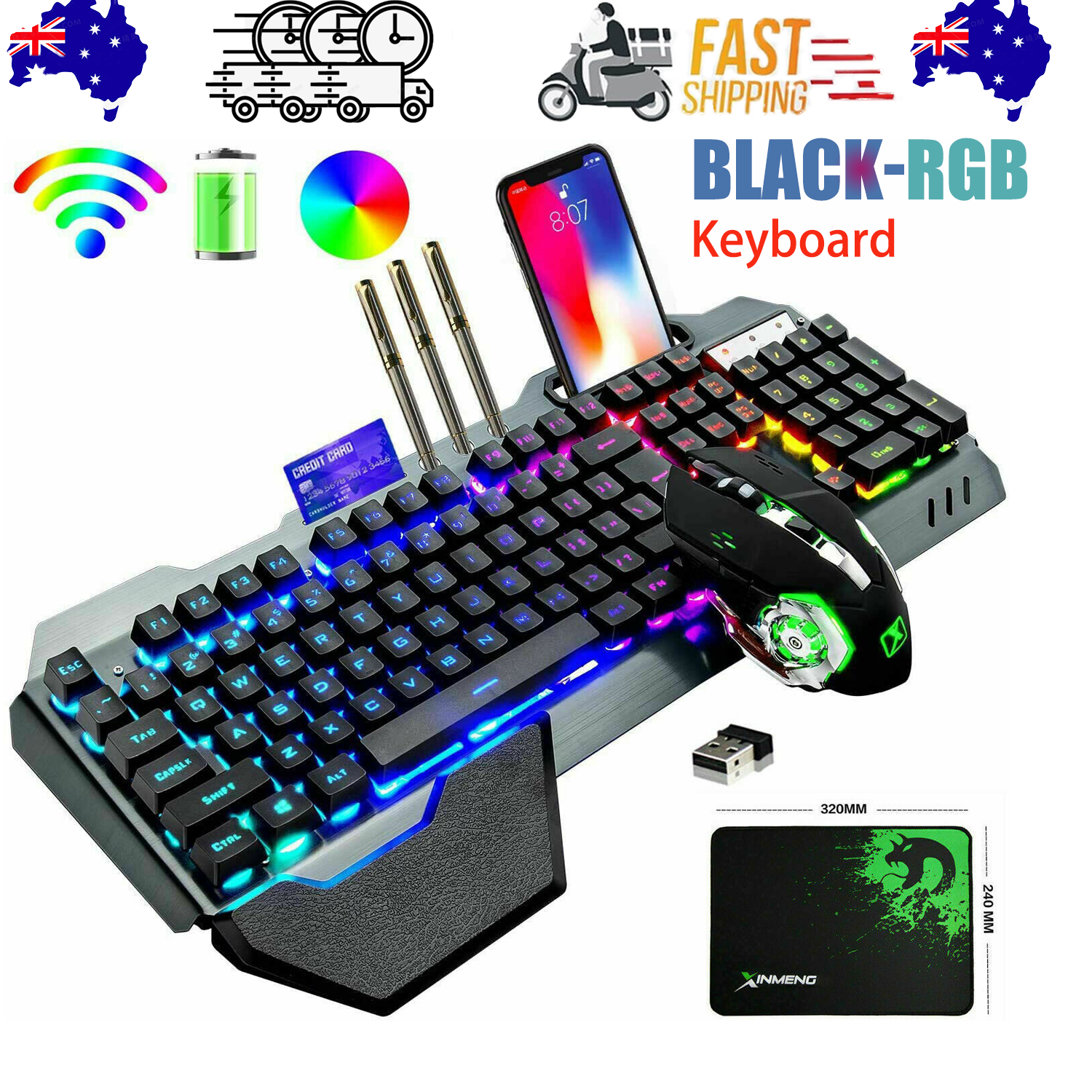 104 Keys Wireless Gaming Keyboard Mouse Set+Mouse Pad, RGB LED Backlit PC/Laptop Black-RGB - Image 1