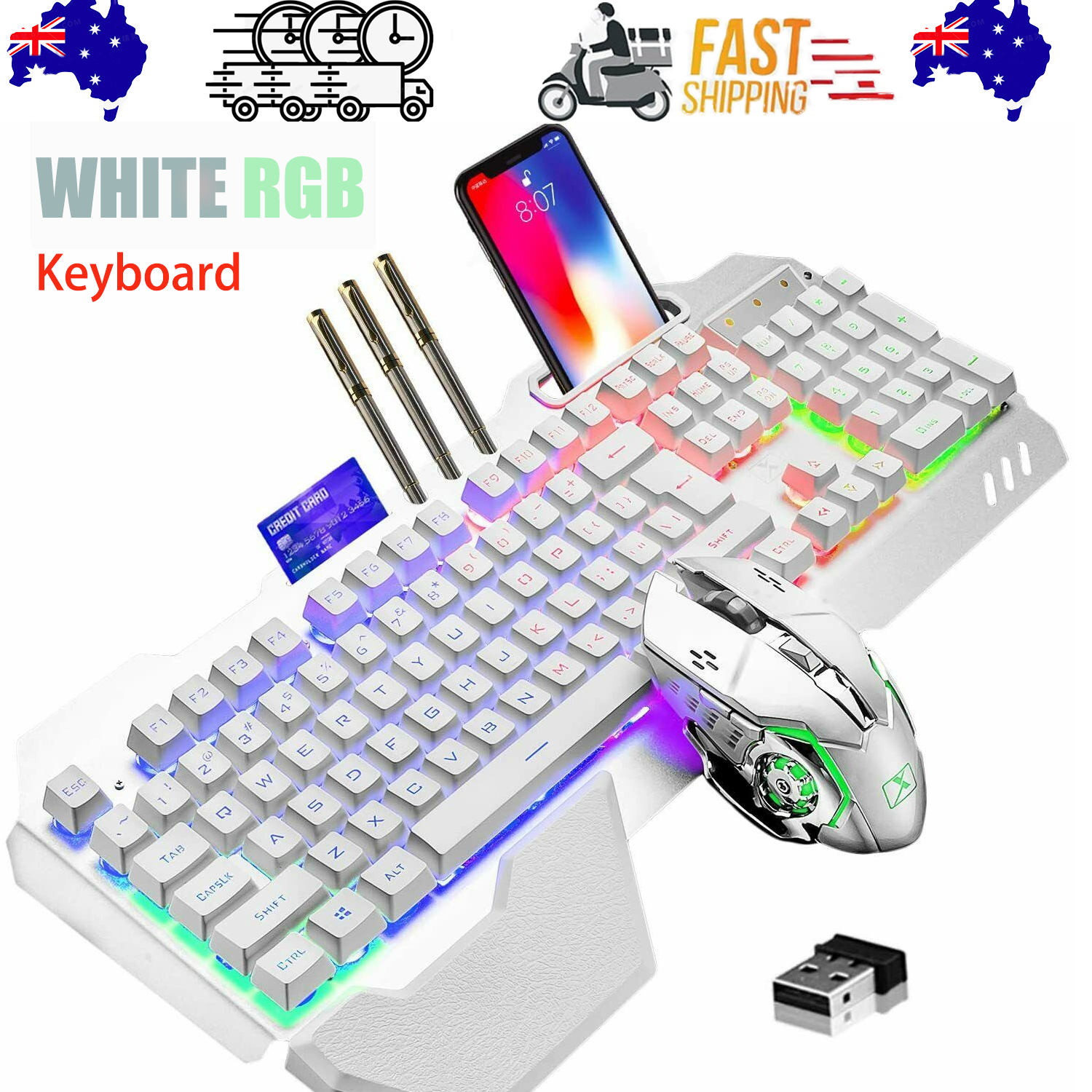 104 Keys Wireless Gaming Keyboard Mouse Set+Mouse Pad, RGB LED Backlit PC/Laptop White-RGB - Image 1