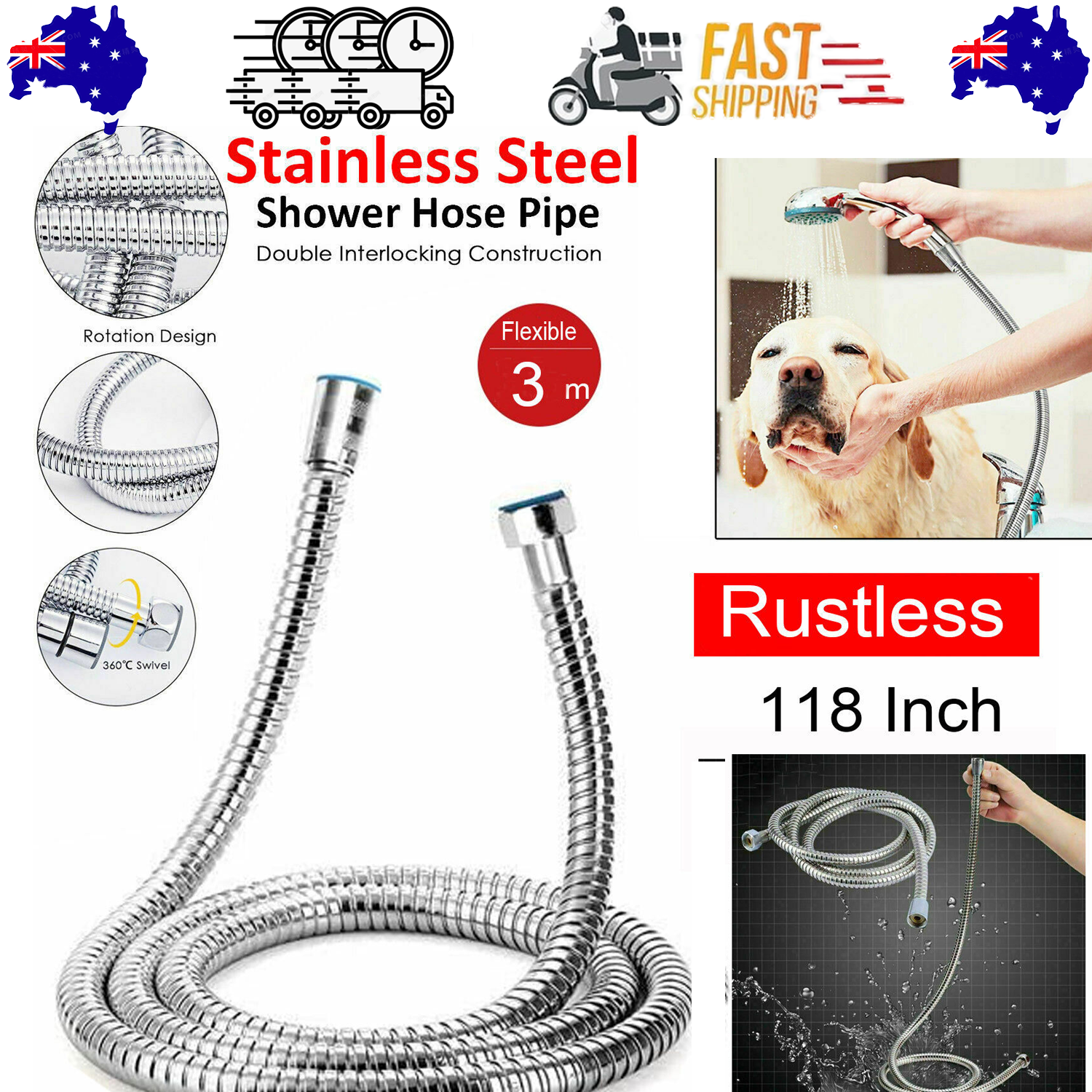 3m Shower Head Hose Stainless Steel Bathroom Flexible Tube Replacement Pipe AU - Image 1