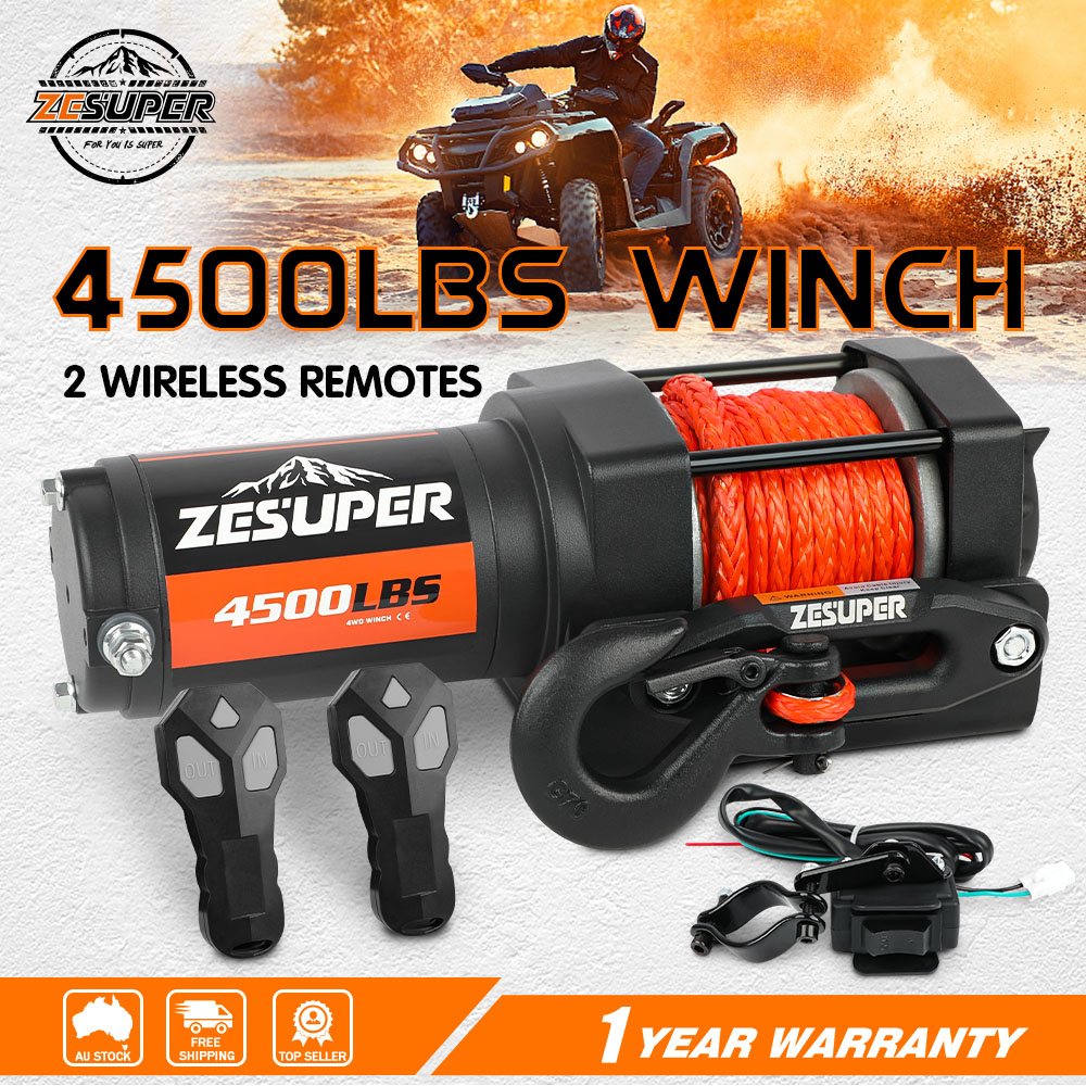 ZESUPER 4500lb Electric Winch 12V Synthetic Rope Boat Winch ATV Winch Kit Boat Winch UTV 4WD Wireless RemoteX2 Black - Image 1