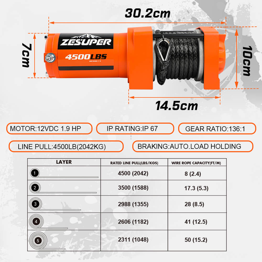 4500lb Electric Winch 12V Synthetic Rope Wireless RemoteX2 ATV Winch Kit Boat Winch UTV 4WD Orange - Image 4