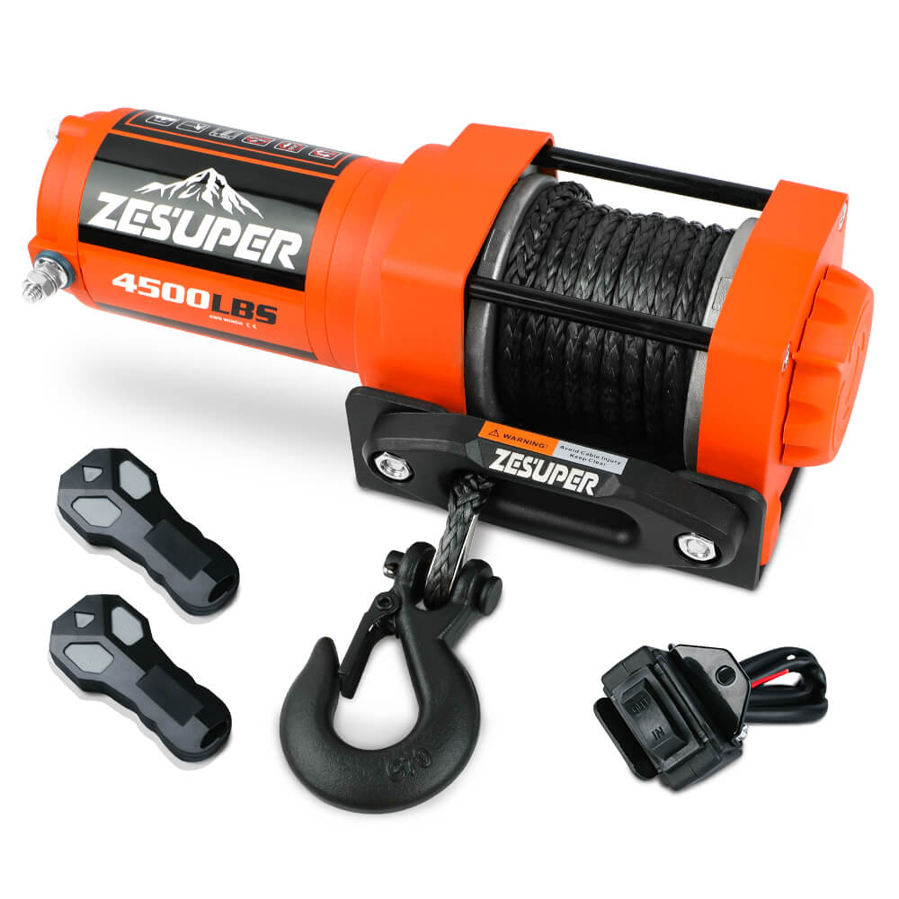 ZESUPER 4500lb Electric Winch 12V Synthetic Rope Boat Winch ATV Winch Kit Boat Winch UTV 4WD Wireless RemoteX2 Orange - Image 1