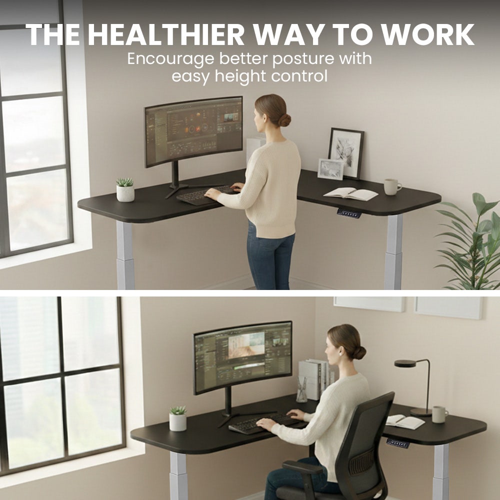 FORTIA Corner Standing Desk, 160x140cm, 72-118cm Sit to Stand Up Electric Height Adjustable, Black Desktop/Silver Frame - Image 3