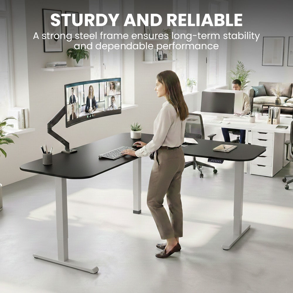 FORTIA Corner Standing Desk, 160x140cm, 72-118cm Sit to Stand Up Electric Height Adjustable, Black Desktop/Silver Frame - Image 4