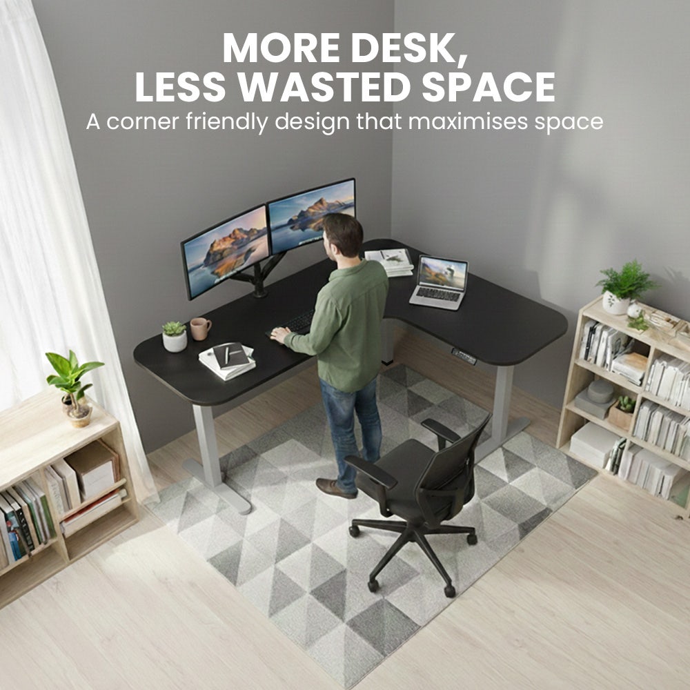 FORTIA Corner Standing Desk, 160x140cm, 72-118cm Sit to Stand Up Electric Height Adjustable, Black Desktop/Silver Frame - Image 7