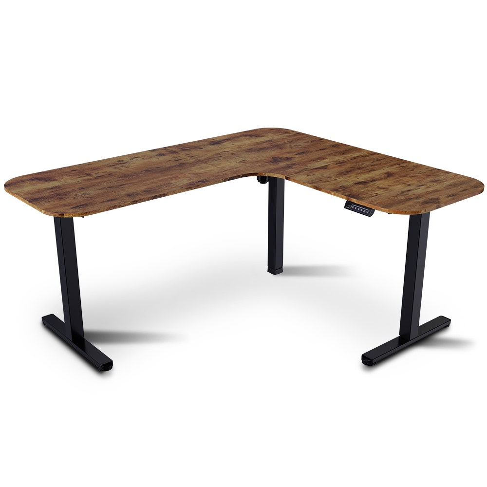 FORTIA Corner Standing Desk, 160x140cm, 72-118cm Sit to Stand Up Electric Height Adjustable, Walnut Style Desktop/Black Frame - Image 1