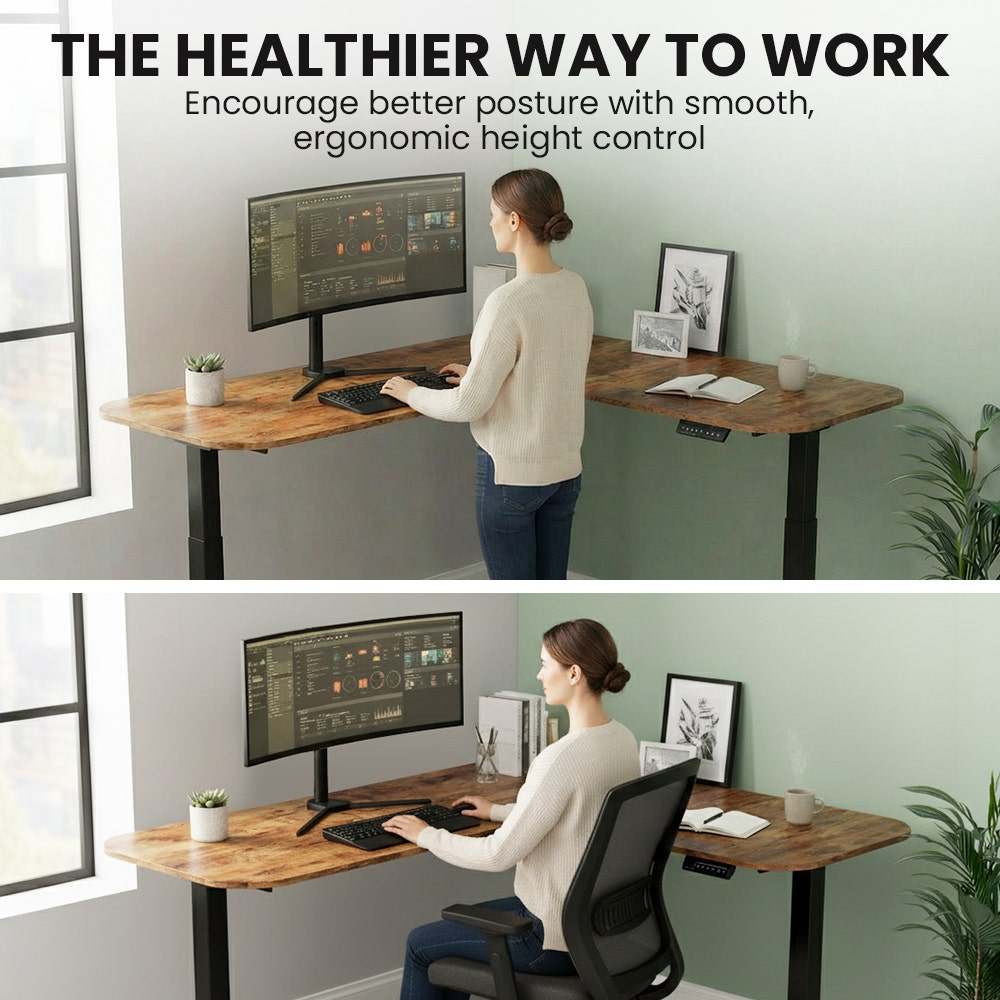 FORTIA Corner Standing Desk, 160x140cm, 72-118cm Sit to Stand Up Electric Height Adjustable, Walnut Style Desktop/Black Frame - Image 2