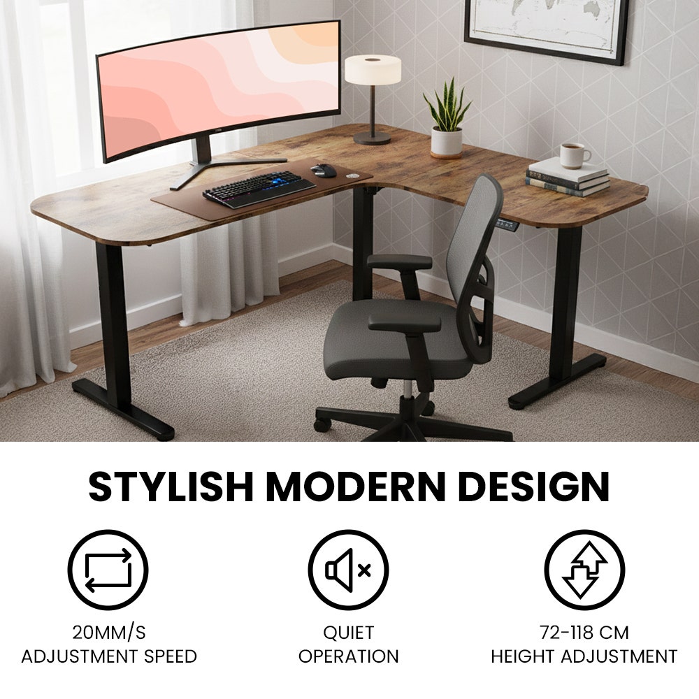 FORTIA Corner Standing Desk, 160x140cm, 72-118cm Sit to Stand Up Electric Height Adjustable, Walnut Style Desktop/Black Frame - Image 5