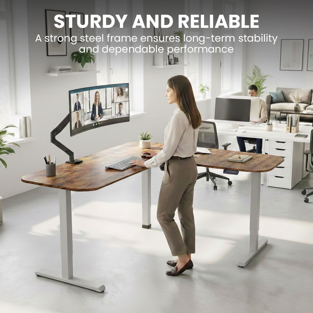 FORTIA Corner Standing Desk, 160x140cm, 72-118cm Sit to Stand Up Electric Height Adjustable, Walnut Style Desktop/Silver Frame - Image 3