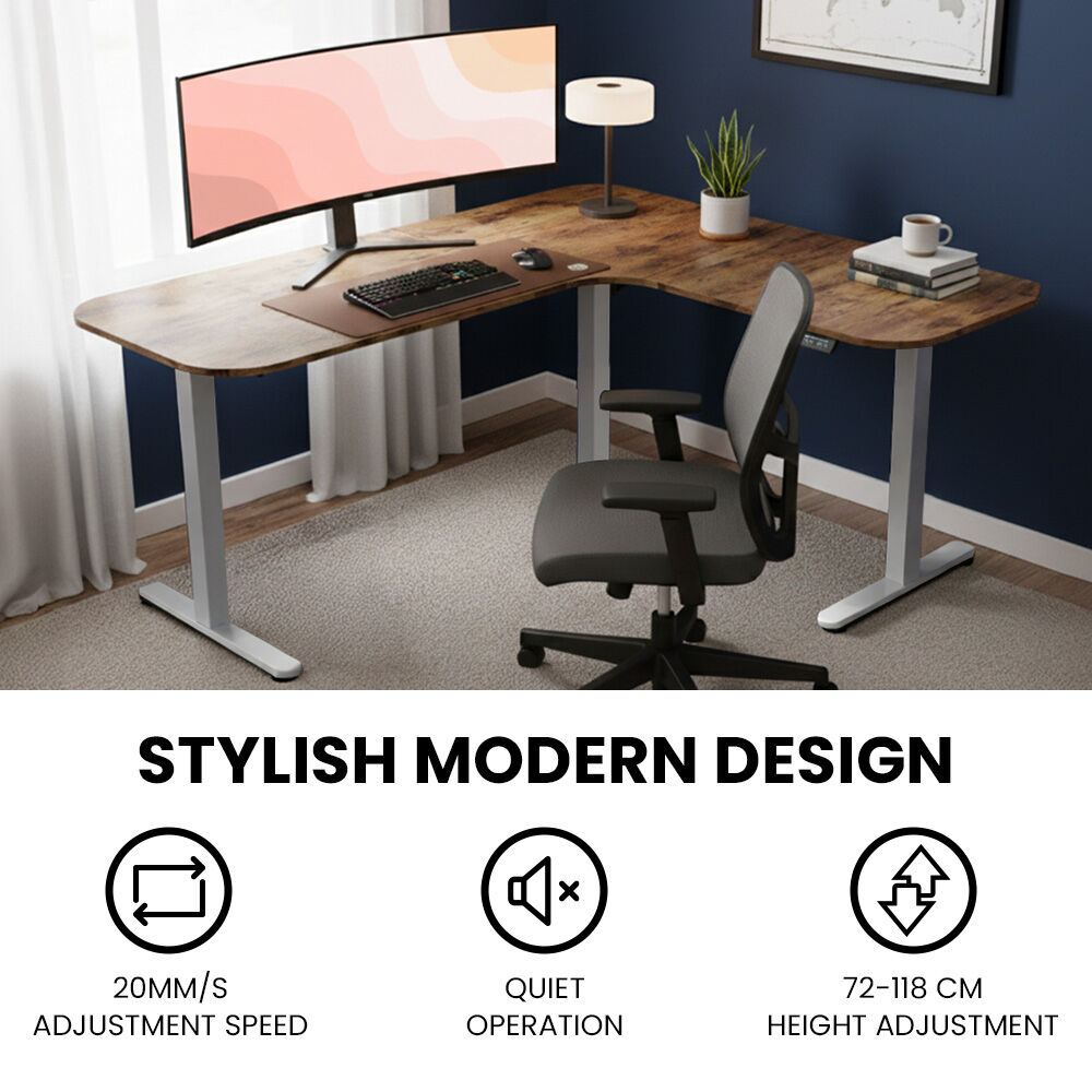 FORTIA Corner Standing Desk, 160x140cm, 72-118cm Sit to Stand Up Electric Height Adjustable, Walnut Style Desktop/Silver Frame - Image 5