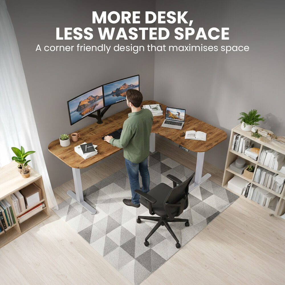FORTIA Corner Standing Desk, 160x140cm, 72-118cm Sit to Stand Up Electric Height Adjustable, Walnut Style Desktop/Silver Frame - Image 6