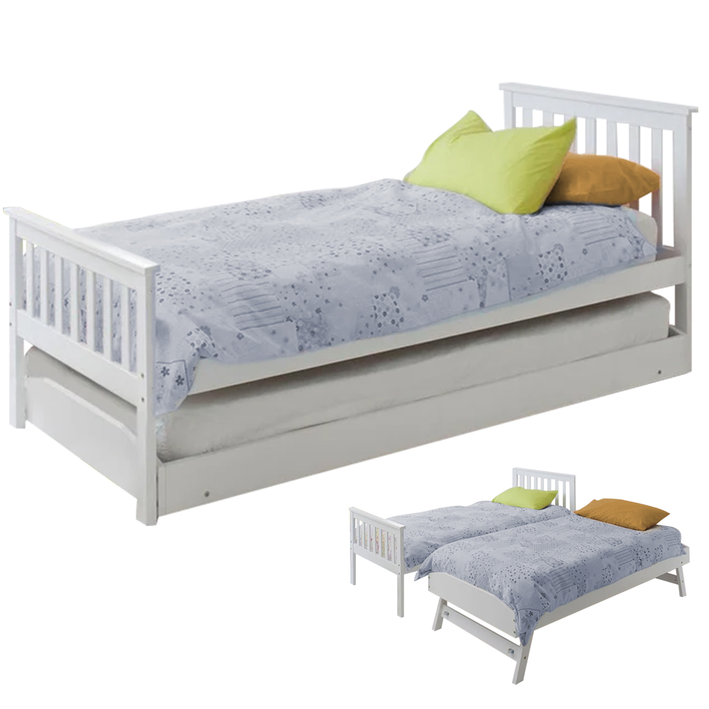 KINGSTON SLUMBER Wooden Single Bed Frame w/ Pop Up Trundle, for Kids Bedroom, White - Image 1