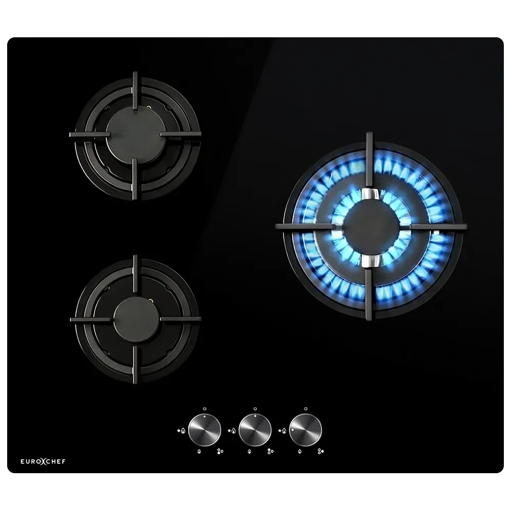 EUROCHEF 60cm 3 Burner Gas Cooktop, with Wok Burner, Tempered Glass, Natural Gas & LPG, Black - Image 1