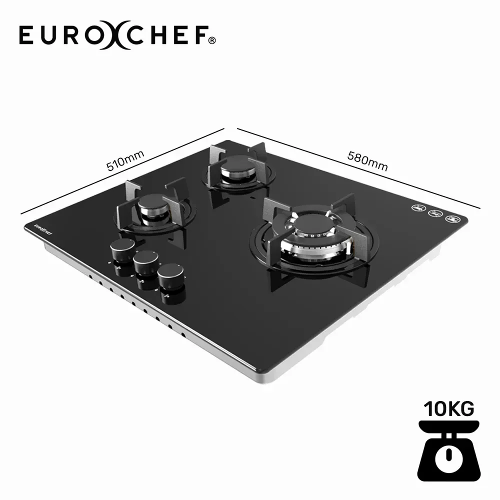 EUROCHEF 60cm 3 Burner Gas Cooktop, with Wok Burner, Tempered Glass, Natural Gas & LPG, Black - Image 2