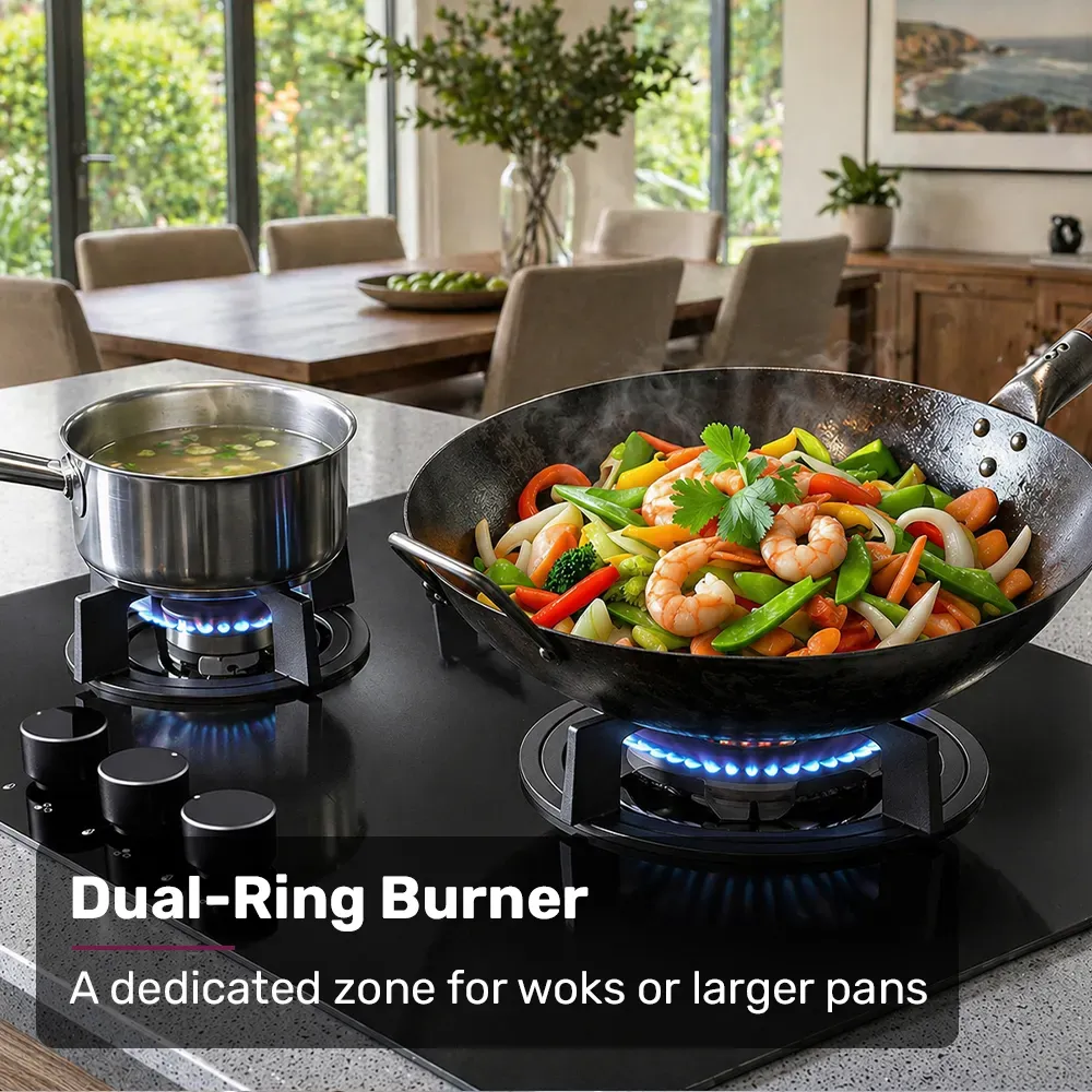 EUROCHEF 60cm 3 Burner Gas Cooktop, with Wok Burner, Tempered Glass, Natural Gas & LPG, Black - Image 3