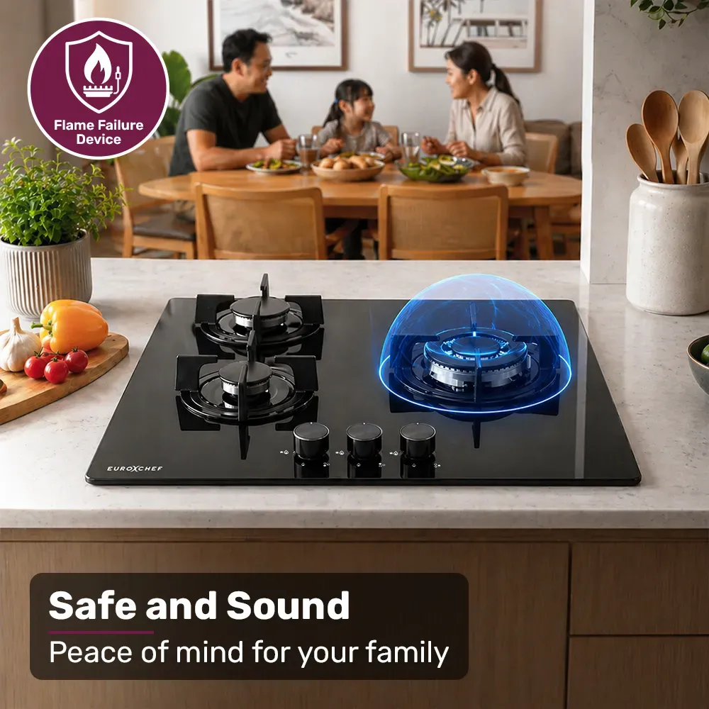 EUROCHEF 60cm 3 Burner Gas Cooktop, with Wok Burner, Tempered Glass, Natural Gas & LPG, Black - Image 6