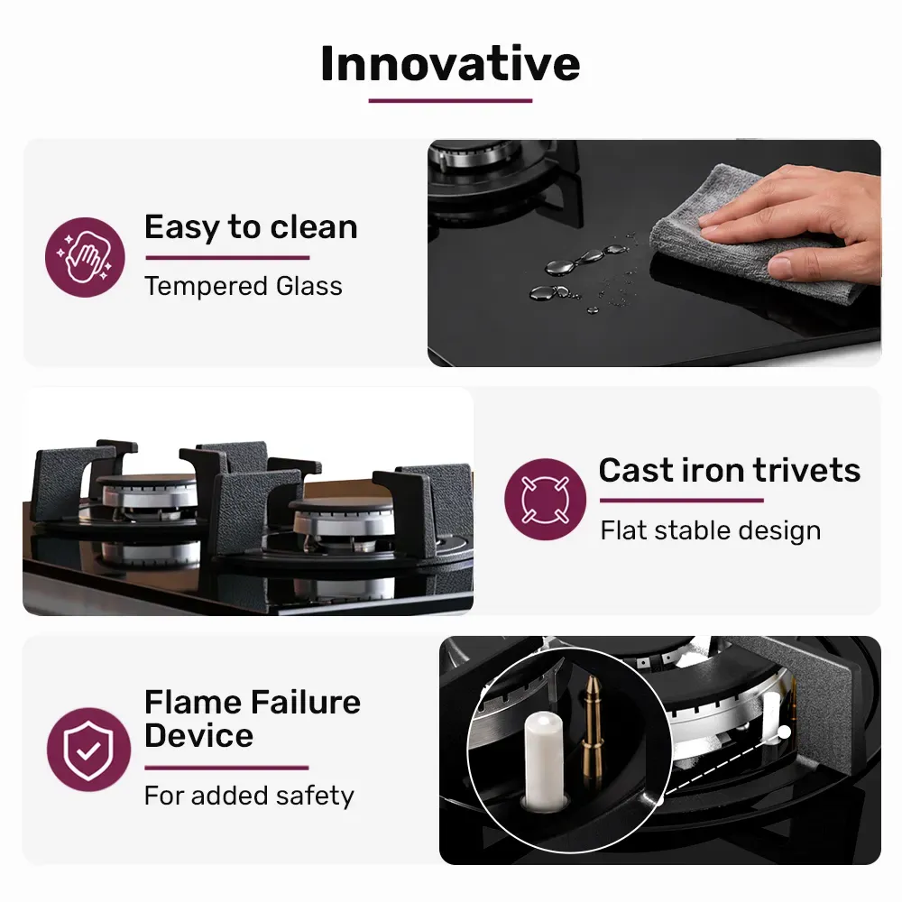 EUROCHEF 60cm 3 Burner Gas Cooktop, with Wok Burner, Tempered Glass, Natural Gas & LPG, Black - Image 7