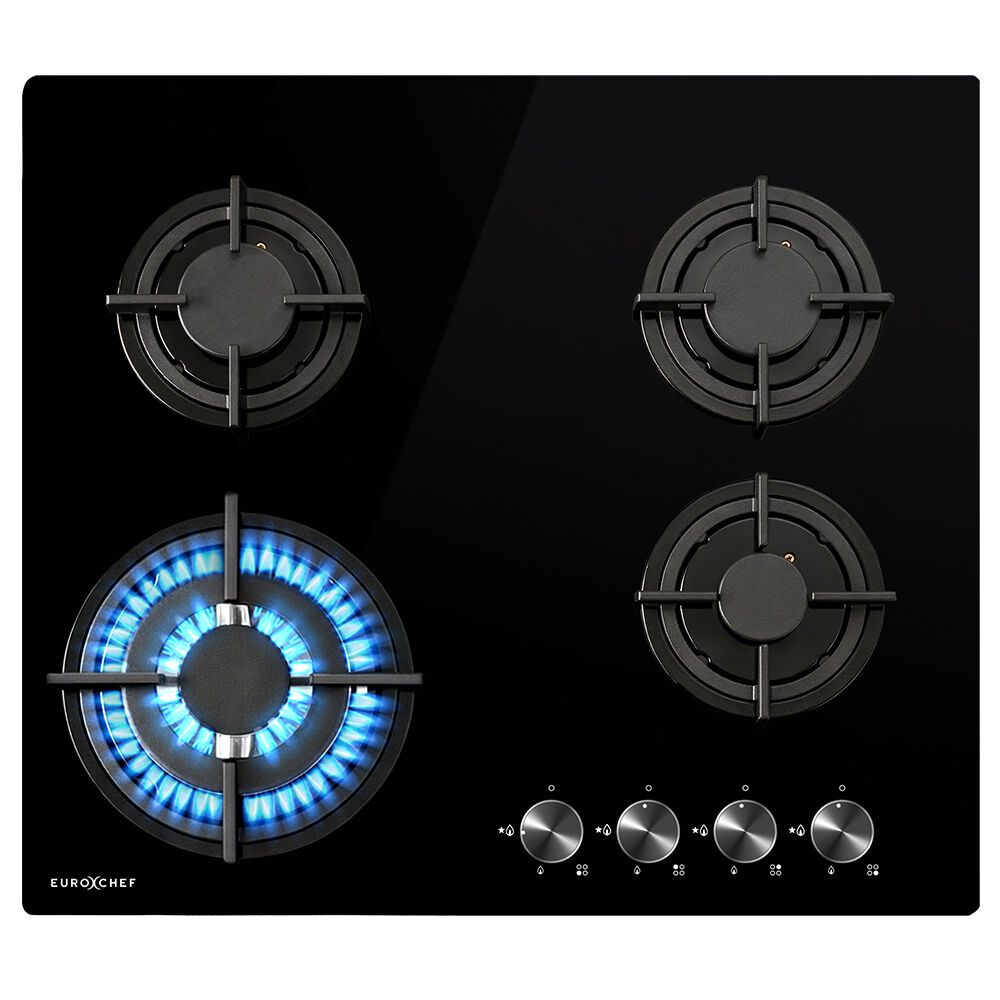 EUROCHEF 60cm 4 Burner Gas Cooktop, with Wok Burner, Tempered Glass, Natural Gas & LPG, Black - Image 1