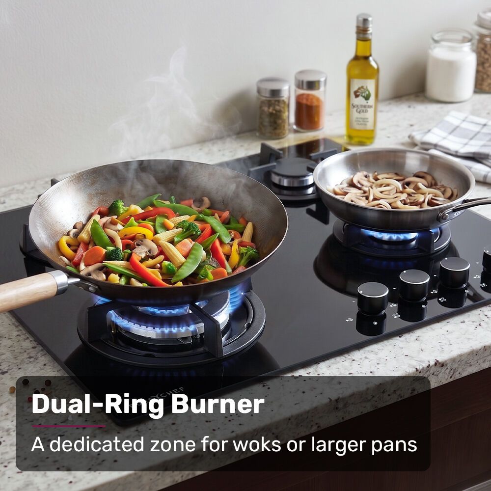 EUROCHEF 60cm 4 Burner Gas Cooktop, with Wok Burner, Tempered Glass, Natural Gas & LPG, Black - Image 2