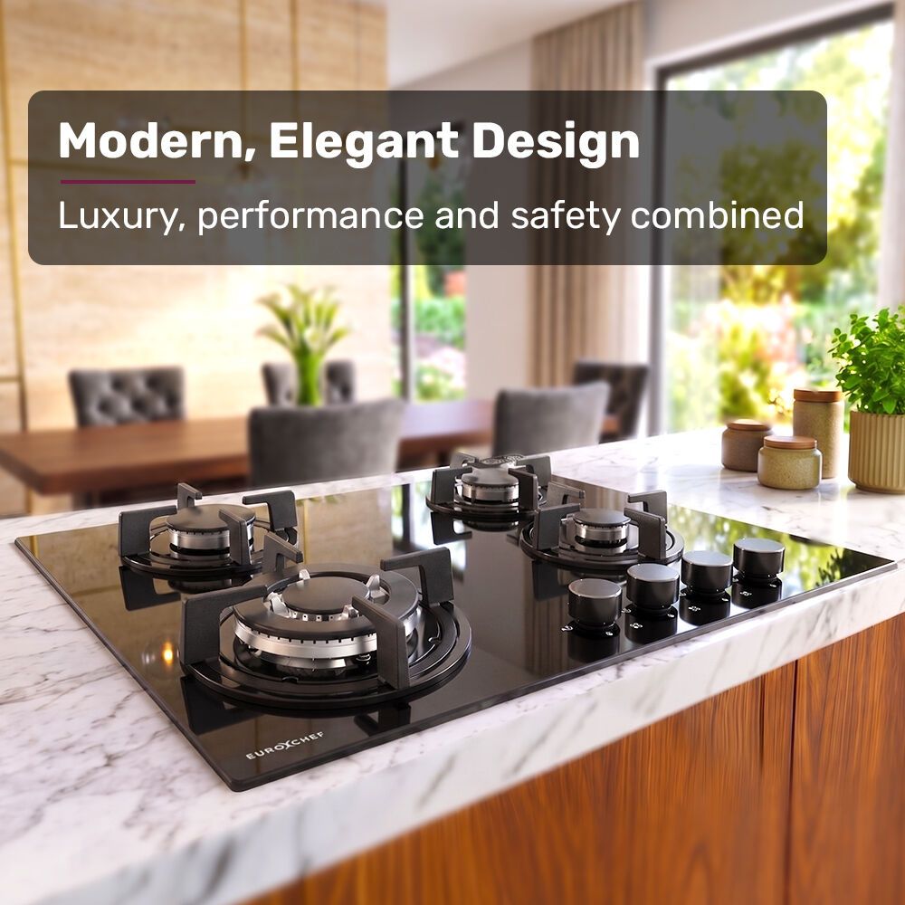 EUROCHEF 60cm 4 Burner Gas Cooktop, with Wok Burner, Tempered Glass, Natural Gas & LPG, Black - Image 3
