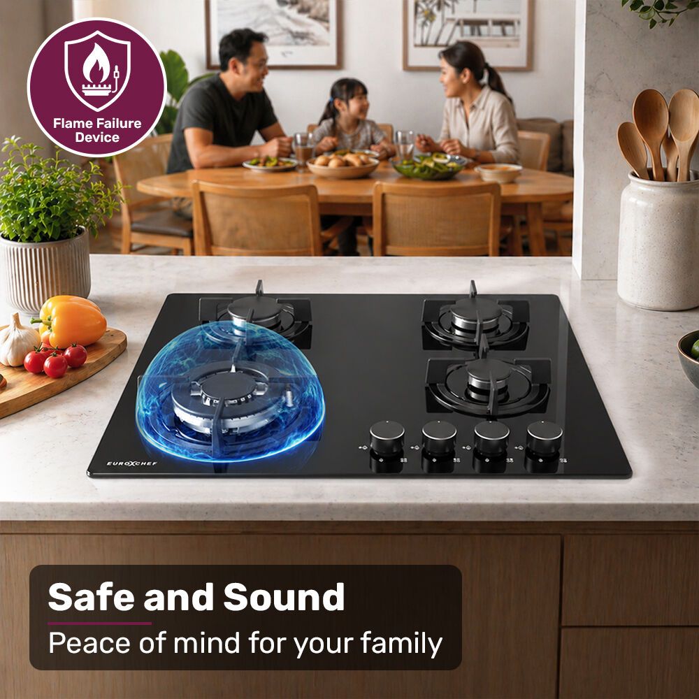 EUROCHEF 60cm 4 Burner Gas Cooktop, with Wok Burner, Tempered Glass, Natural Gas & LPG, Black - Image 5