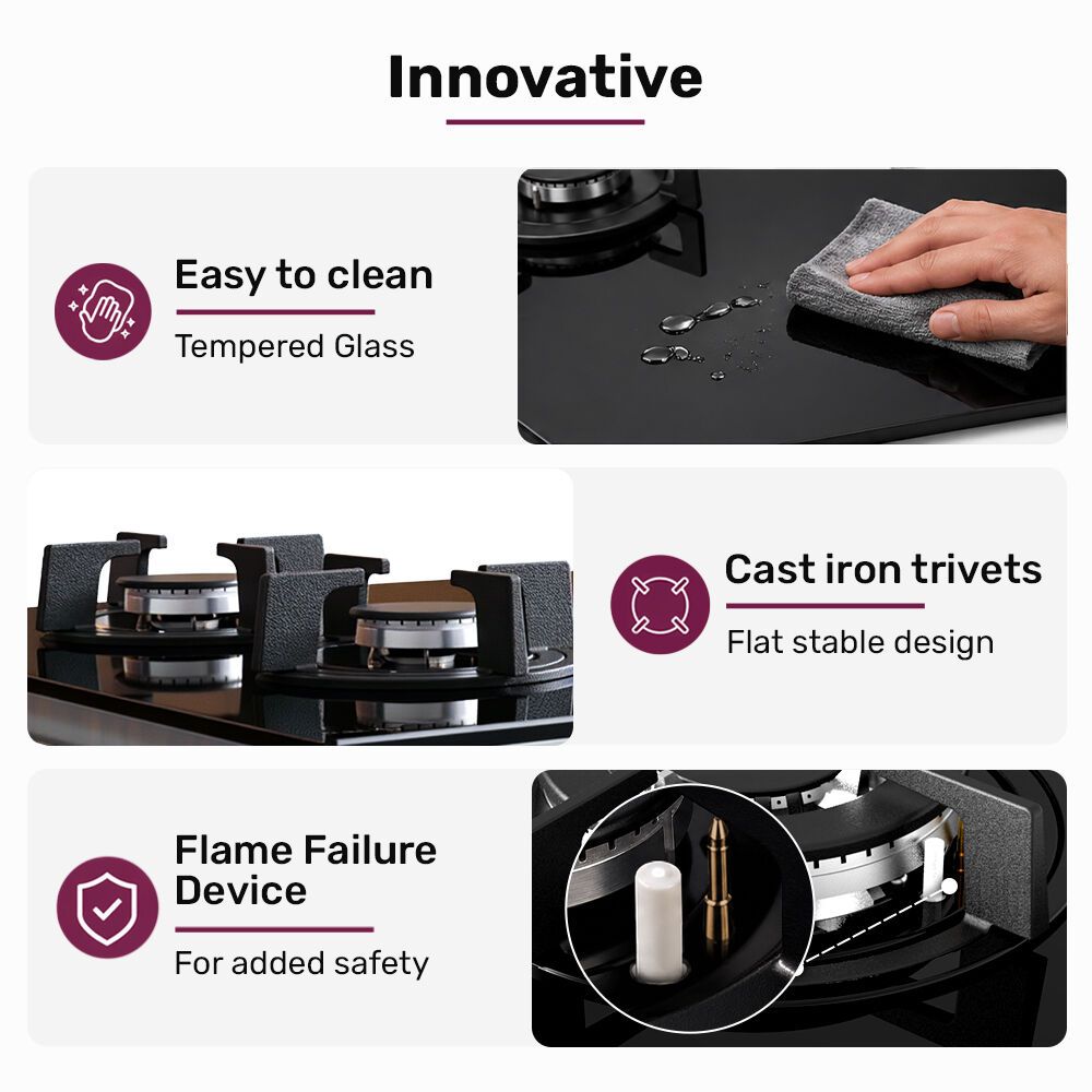 EUROCHEF 60cm 4 Burner Gas Cooktop, with Wok Burner, Tempered Glass, Natural Gas & LPG, Black - Image 6