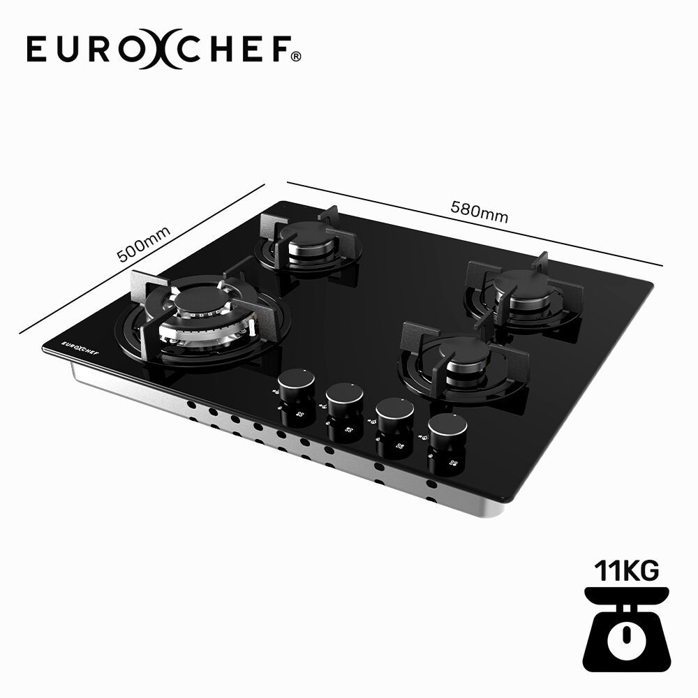 EUROCHEF 60cm 4 Burner Gas Cooktop, with Wok Burner, Tempered Glass, Natural Gas & LPG, Black - Image 7