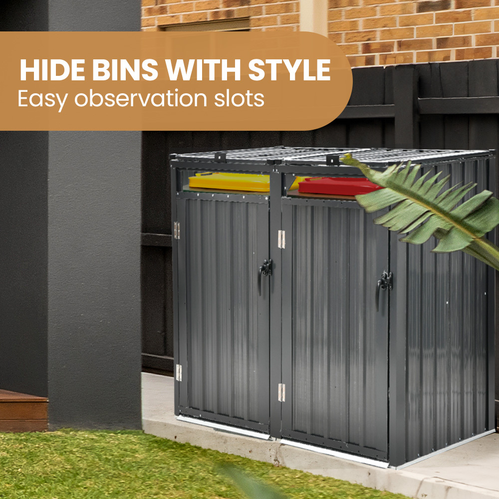 PLANTCRAFT Double Steel Wheelie Garbage Bin Storage Shed, Enclosure with 2 Opening Doors - Image 3