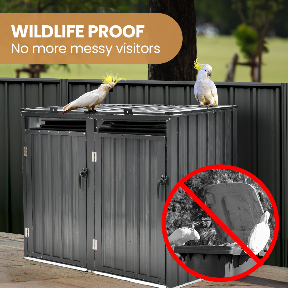 PLANTCRAFT Double Steel Wheelie Garbage Bin Storage Shed, Enclosure with 2 Opening Doors - Image 5