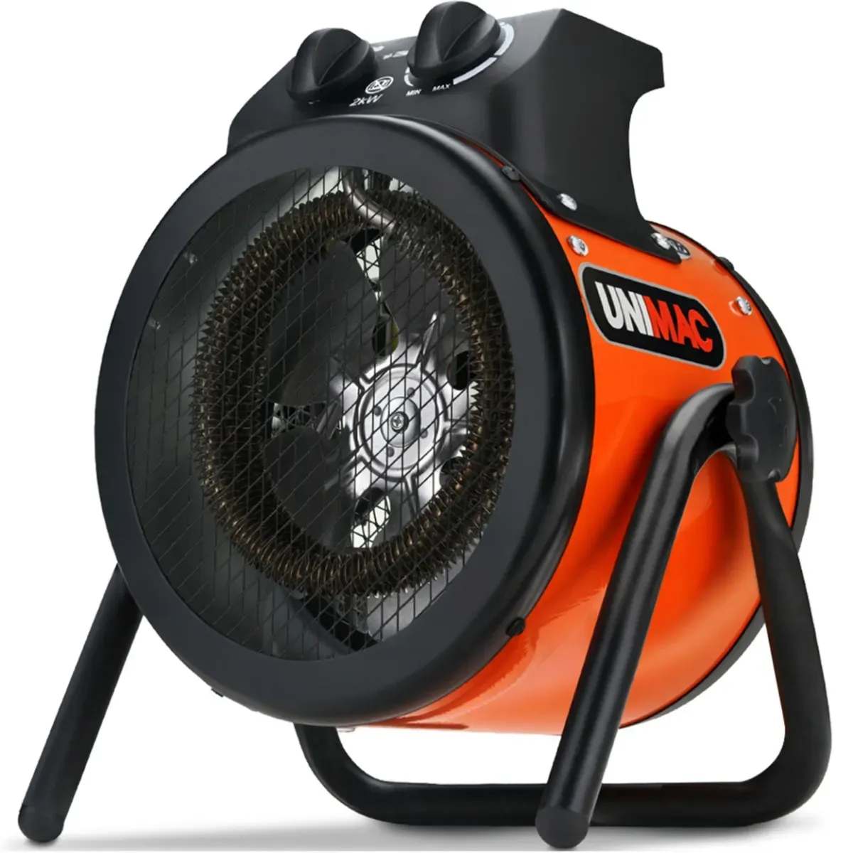 UNIMAC 2kW Industrial Electric Space Fan Heater, 10A, Adjustable Thermostat, Tilt Angle, Fast Heating, 2 Heat Settings, Portable for Workshop and Garage Use - Image 1