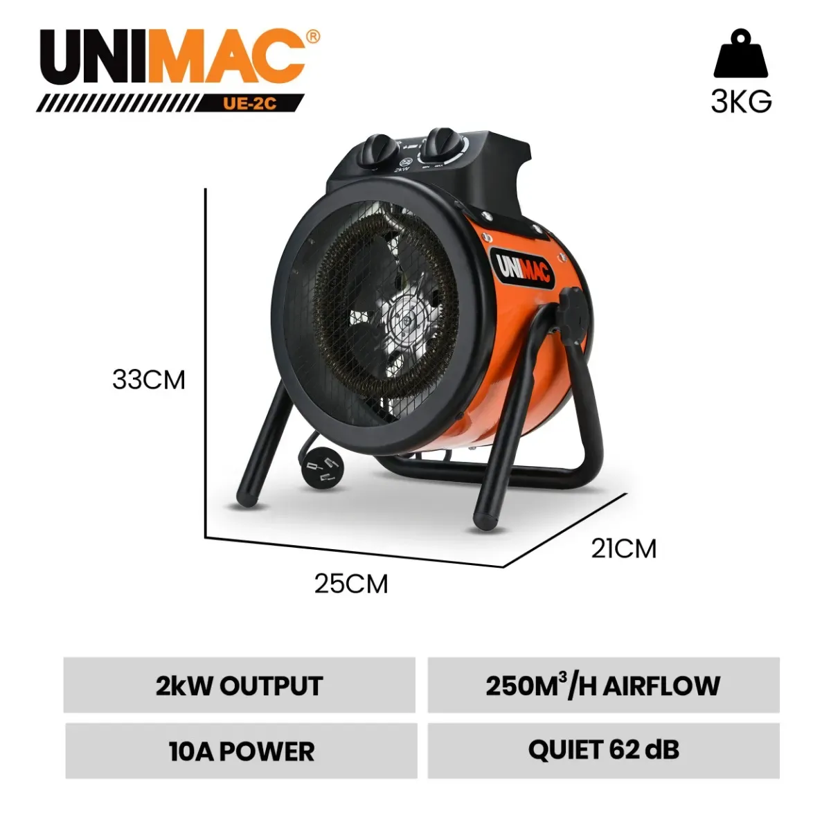 UNIMAC 2kW Industrial Electric Space Fan Heater, 10A, Adjustable Thermostat, Tilt Angle, Fast Heating, 2 Heat Settings, Portable for Workshop and Garage Use - Image 2