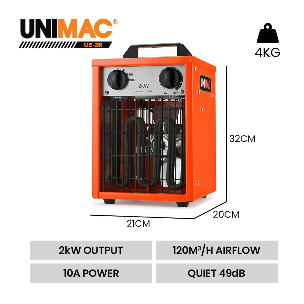 UNIMAC 2kW Industrial Electric Fan Heater, 2 Heat Settings, Fast Heating, Compact Portable Box Design for Workshop and Garage Use - Image 2