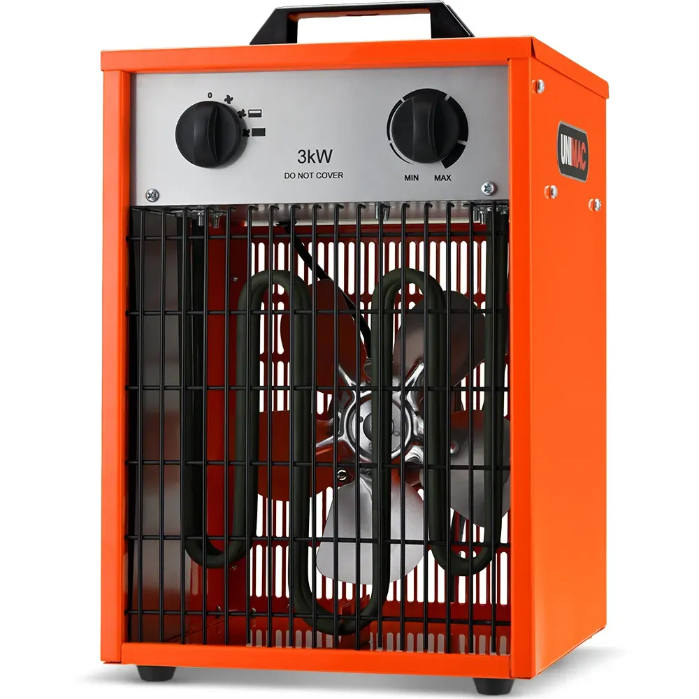 UNIMAC 3kW Industrial Electric Fan Heater, 15A, Adjustable Thermostat, 2 Heat Settings, Fast Heating, Compact Portable Box Design for Workshop and Garage Use - Image 1