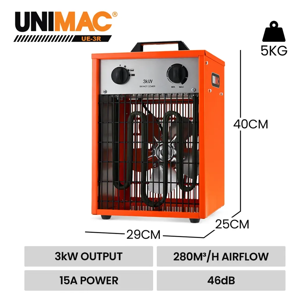 UNIMAC 3kW Industrial Electric Fan Heater, 15A, Adjustable Thermostat, 2 Heat Settings, Fast Heating, Compact Portable Box Design for Workshop and Garage Use - Image 2