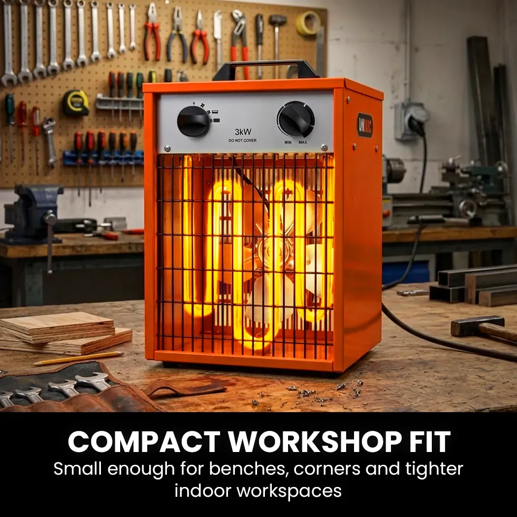 UNIMAC 3kW Industrial Electric Fan Heater, 15A, Adjustable Thermostat, 2 Heat Settings, Fast Heating, Compact Portable Box Design for Workshop and Garage Use - Image 5