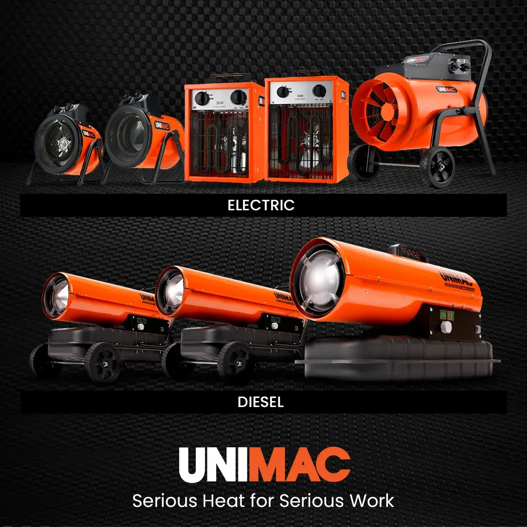 UNIMAC 3kW Industrial Electric Fan Heater, 15A, Adjustable Thermostat, 2 Heat Settings, Fast Heating, Compact Portable Box Design for Workshop and Garage Use - Image 8