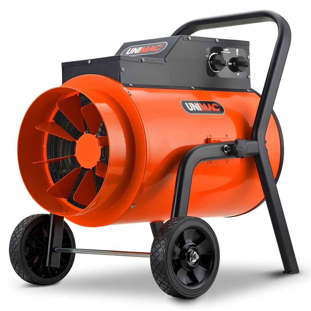 UNIMAC 15kW Portable Industrial Electric Space Fan Heater, 32A 3 Phase, Wheel Mounted, Adjustable Thermostat, High Power for Workshop and Warehouse Use - Image 1