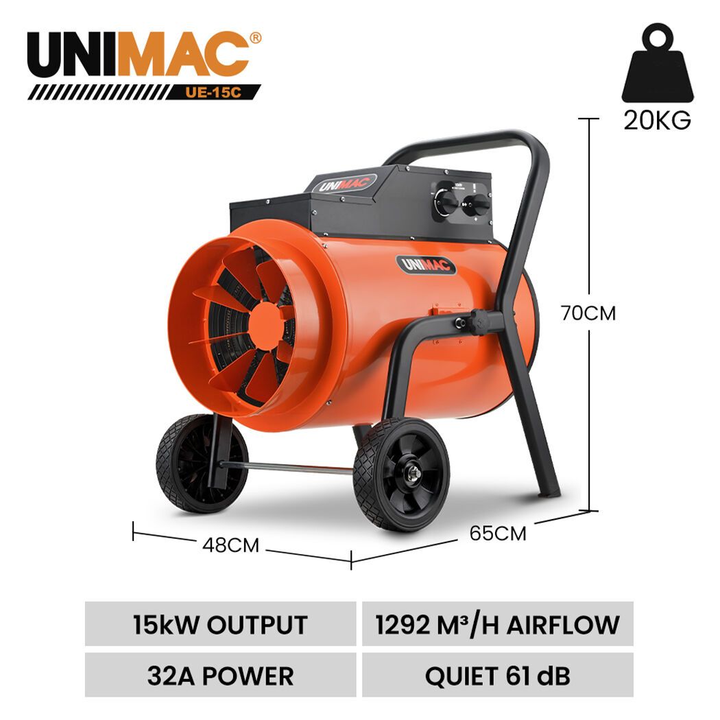 UNIMAC 15kW Portable Industrial Electric Space Fan Heater, 32A 3 Phase, Wheel Mounted, Adjustable Thermostat, High Power for Workshop and Warehouse Use - Image 2