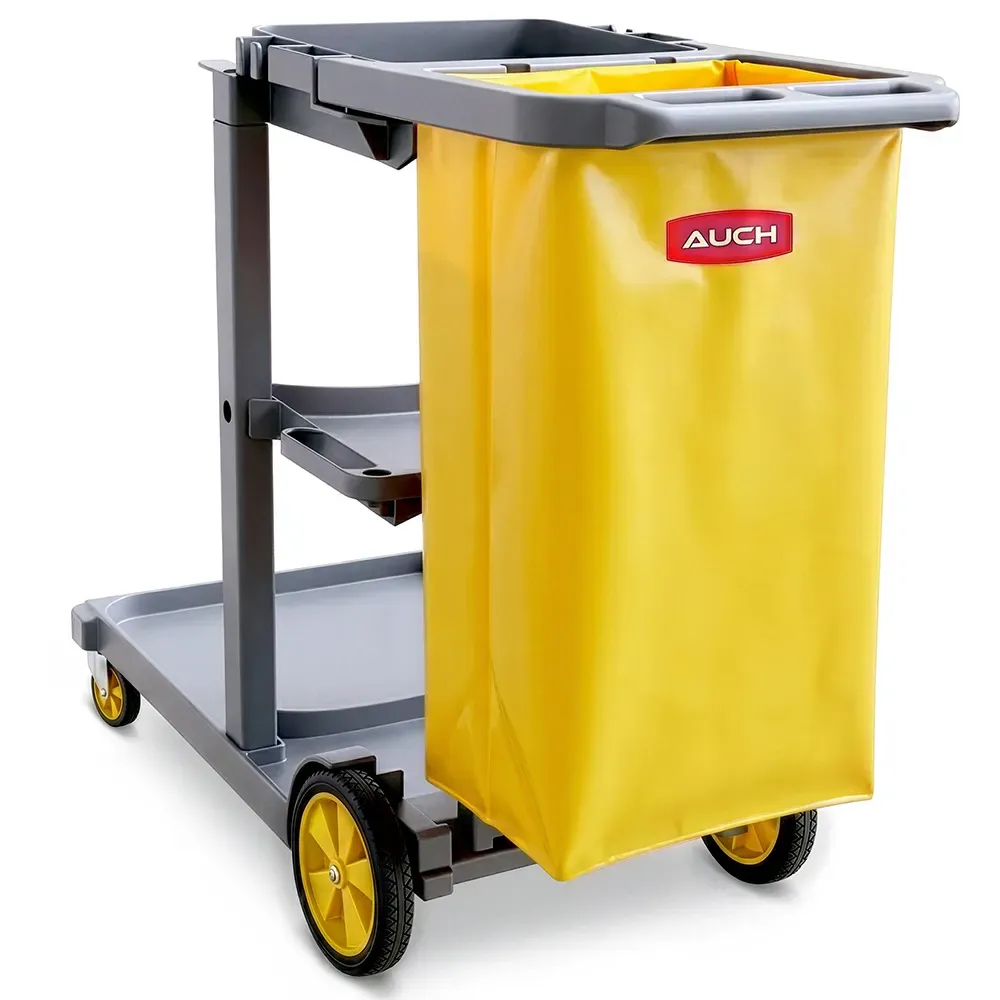 AUCH Janitor Cleaning Trolley, Housekeeping Cart, 3 Shelves, Tool Storage Clamp, Wet Sign Hook, Quiet Wheels, Grey - Image 1