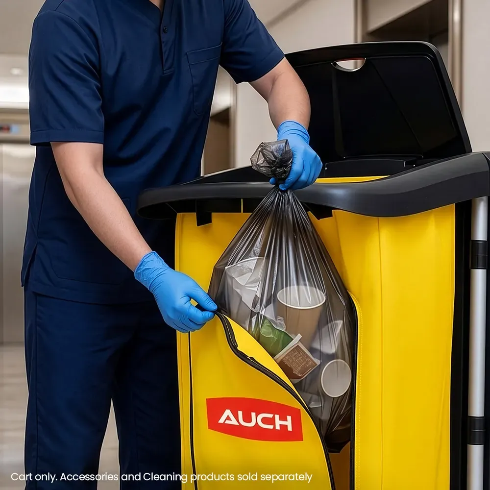 AUCH Double Bag Janitor Cleaning Trolley, Housekeeping Cart, Lockable Cabinet with Storage Tubs, Quiet Wheels, Black - Image 4