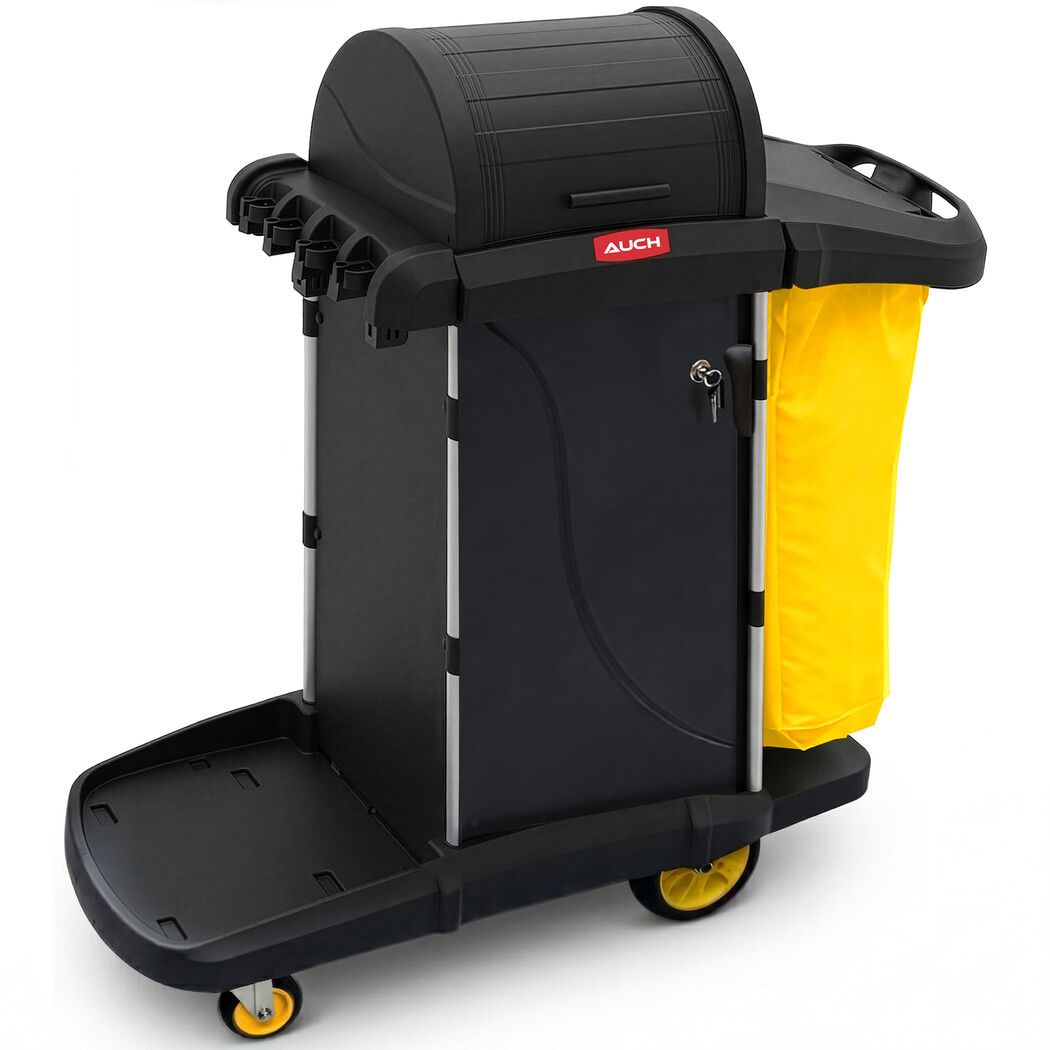 AUCH Double Bag Janitor Cleaning Trolley, Housekeeping Cart, Lockable Cabinet with Storage Tubs, Quiet Wheels, Black - Image 1