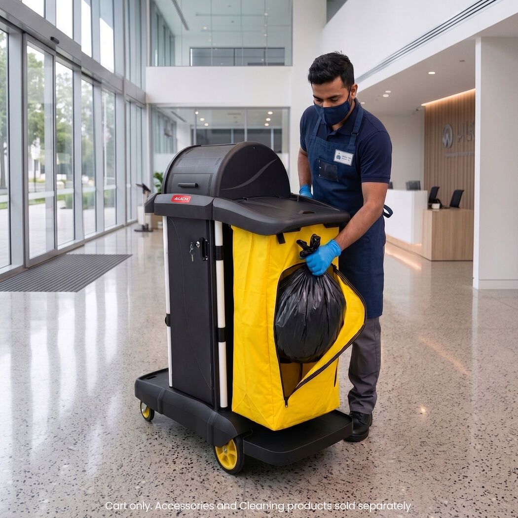 AUCH Double Bag Janitor Cleaning Trolley, Housekeeping Cart, Lockable Cabinet with Storage Tubs, Quiet Wheels, Black - Image 3