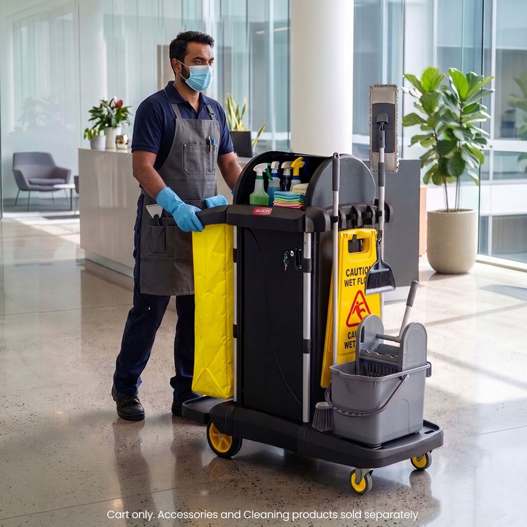 AUCH Double Bag Janitor Cleaning Trolley, Housekeeping Cart, Lockable Cabinet with Storage Tubs, Quiet Wheels, Black - Image 4