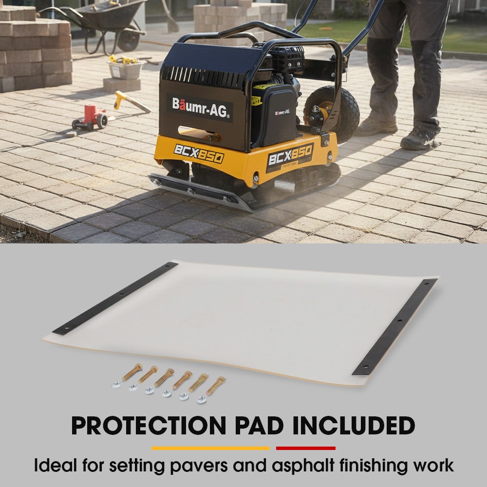BAUMR-AG 125kg 450x630mm 7HP Plate Compactor, 32kN Vibratory Compaction, Wheel Kit, Protective Paver Pad, Commercial-Grade - Image 7
