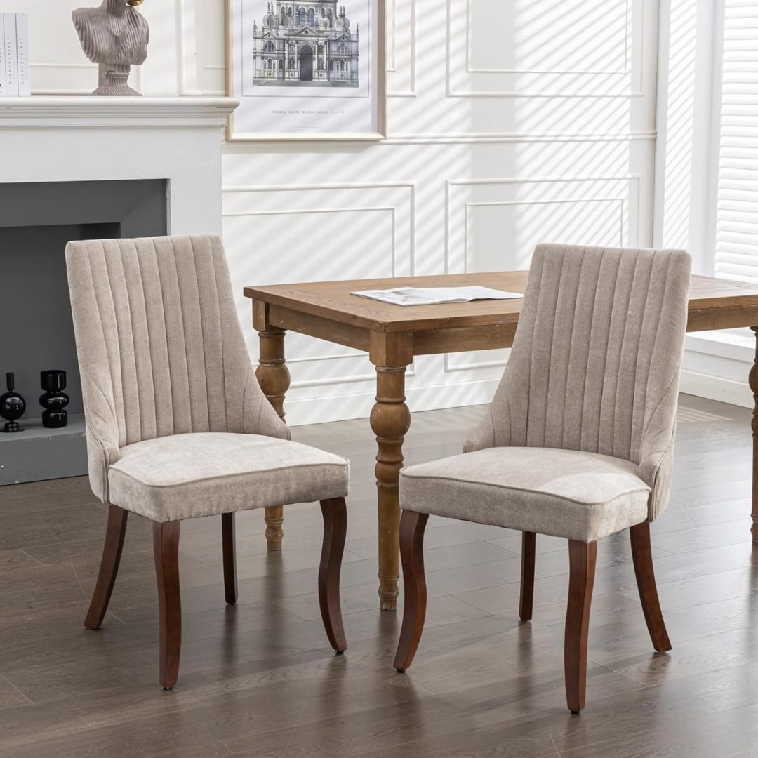2x Fabric Channel Tufted Dining Chairs with Curved Wood Legs -Beige - Image 1