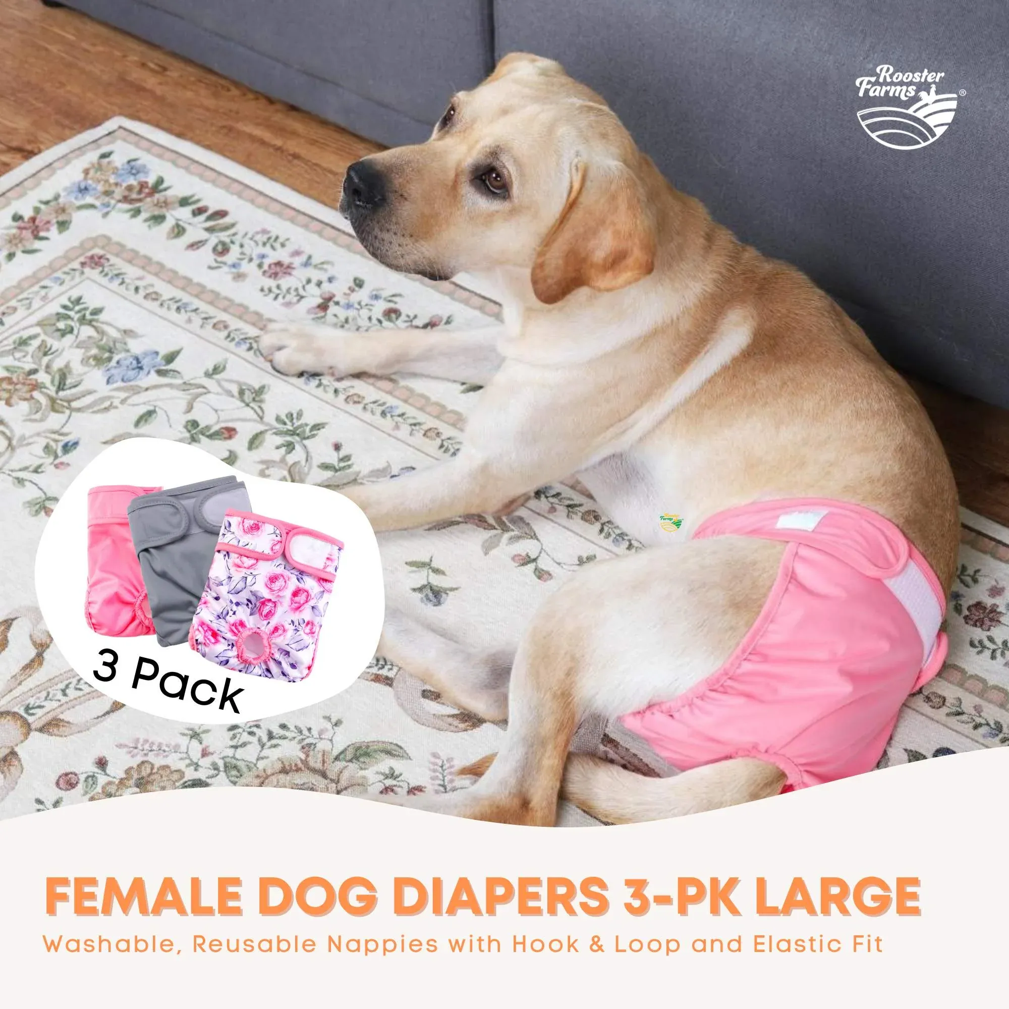 Rooster Farms Female Dog Diapers Large 3Pk - Washable Reusable Nappies Hook/Loop - Image 2