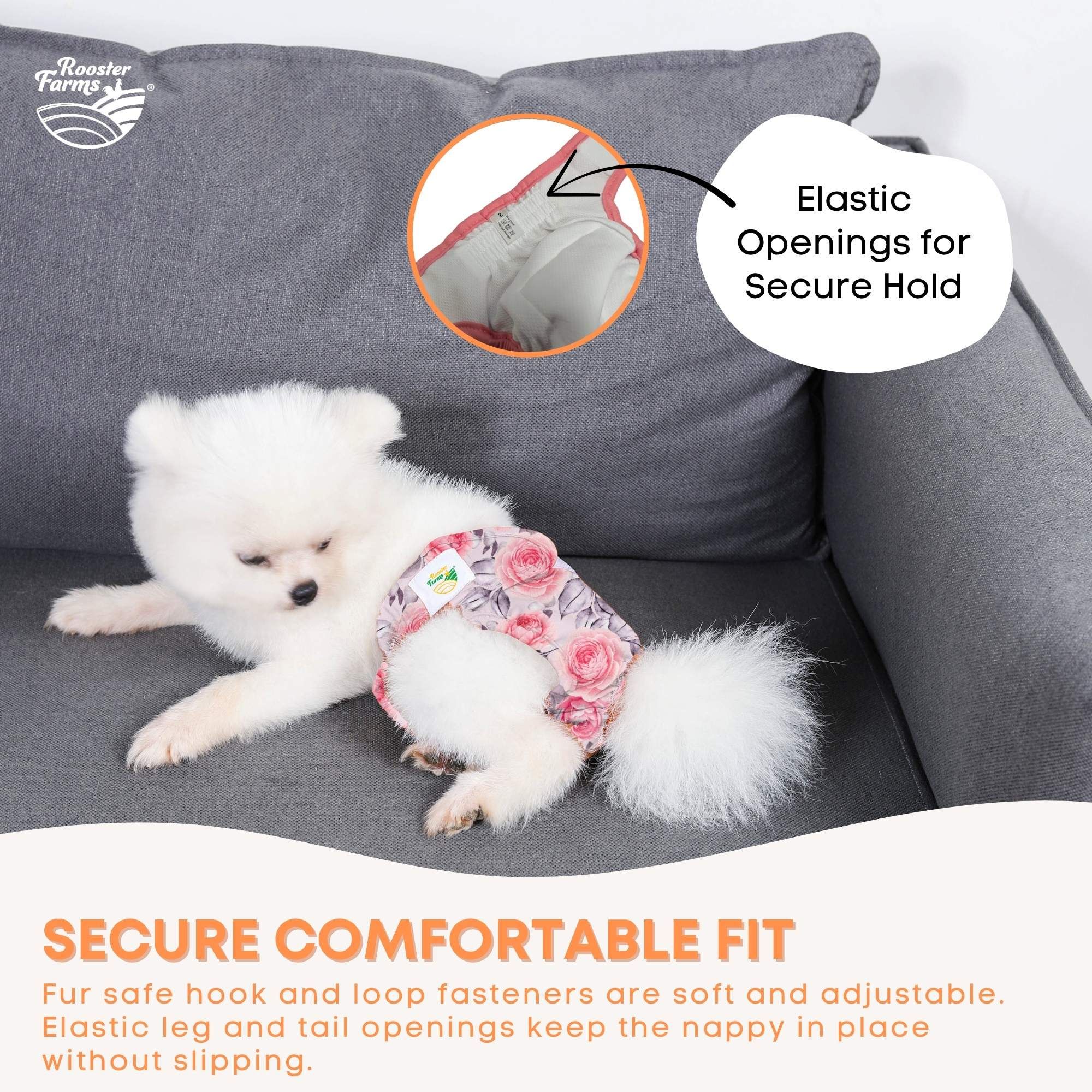 Rooster Farms Female Dog Diapers Large 3Pk - Washable Reusable Nappies Hook/Loop - Image 3